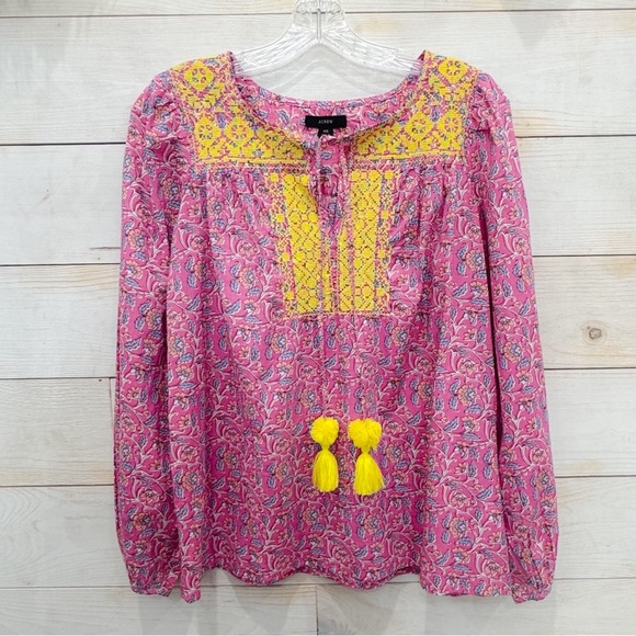 J Crew Starina Pink Yellow Boho Embroidered tassel paisley top ❤️ - Picture 5 of 9